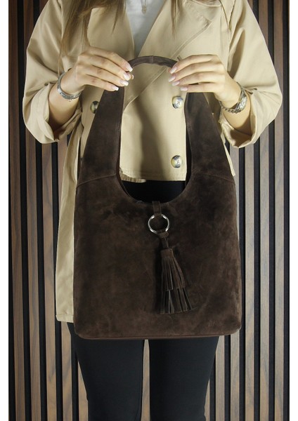Kahve Hakiki Dana Süet Püsküllü Manyetik Kapaklı Orta Boy Günlük Omuz Çantası