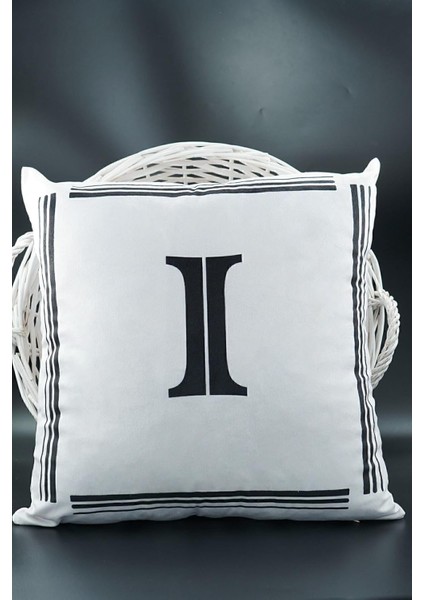 Harfli Kırlent Kılıfı Kadife 43X43 cm Çift Taraflı I Harfi Kedi Desenli Evlilik Teklifi Doğum Günü Kırık Beyaz-Siyah-I