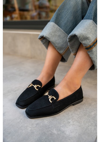 Aloha Siyah Süet Gold Detaylı Loafer modelleri