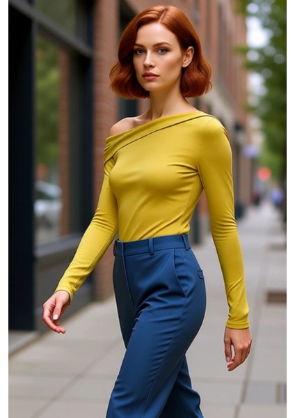 Kadın Asimetrik Yaka Büzgülü Vücuda Oturan Uzun Kollu Örme Kaliteli Şık Rahat Modern Zarif