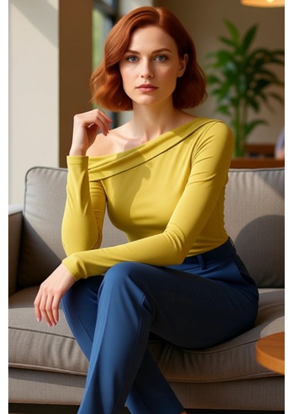 Kadın Asimetrik Yaka Büzgülü Vücuda Oturan Uzun Kollu Örme Kaliteli Şık Rahat Modern Zarif fiyatları