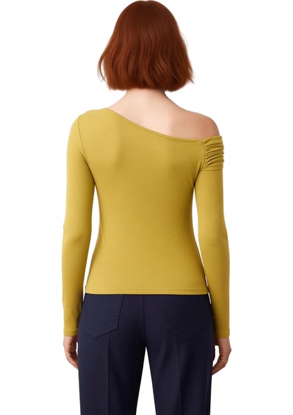 Kadın Asimetrik Yaka Büzgülü Vücuda Oturan Uzun Kollu Örme Kaliteli Şık Rahat Modern Zarif fırsatları