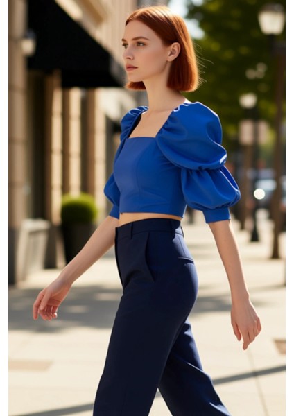 Kadın Feminine Fitted Kare Yaka Dokuma Bluz Balon Kol Truvakar Kol Günlük Casual Yazlık Kaliteli modelleri