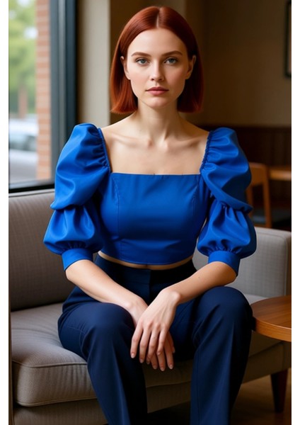 Kadın Feminine Fitted Kare Yaka Dokuma Bluz Balon Kol Truvakar Kol Günlük Casual Yazlık Kaliteli fırsatları