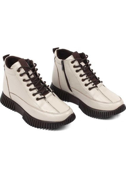 Kadın Bej Çift Fermuarlı Deri Bot