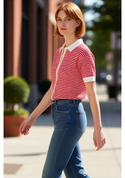 Kadın Kısa Kollu Polo Yaka Triko Bluz Günlük Şıklık ve Konfor Bir Arada Kaliteli Şık Rahat fırsatları