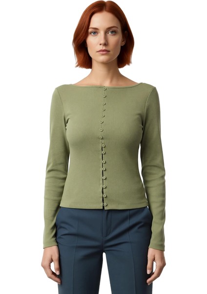Kadın Moda Şık Regular Bisiklet Yaka Fitted Kalıp Örme Düğme Detaylı Fitilli Esnek Boy Bluz fiyatları