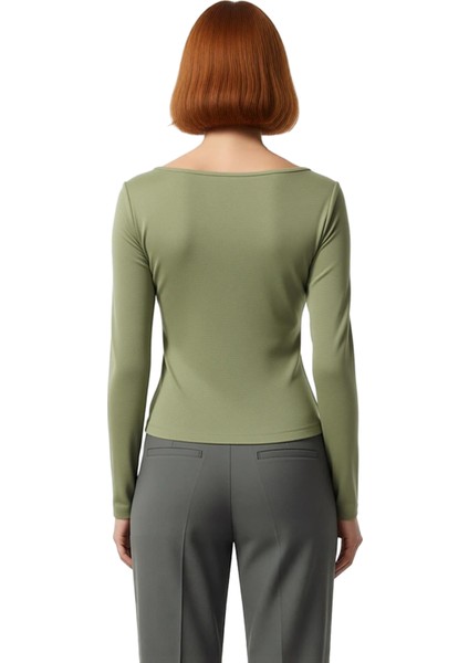 Kadın Moda Şık Regular Bisiklet Yaka Fitted Kalıp Örme Düğme Detaylı Fitilli Esnek Boy Bluz modelleri