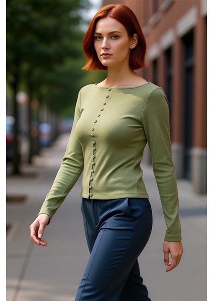 Kadın Moda Şık Regular Bisiklet Yaka Fitted Kalıp Örme Düğme Detaylı Fitilli Esnek Boy Bluz fırsatları