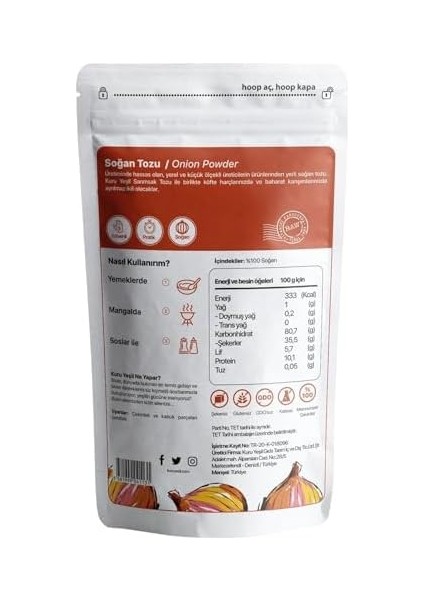 Kuru Yeşil Doğal Soğan Tozu - Katkısız, Yerli Üretim, Yoğun Aromalı, Vegan & Glutensiz Baharat - Toz Soğan Kuru Sebze Baharatı - 100 gr