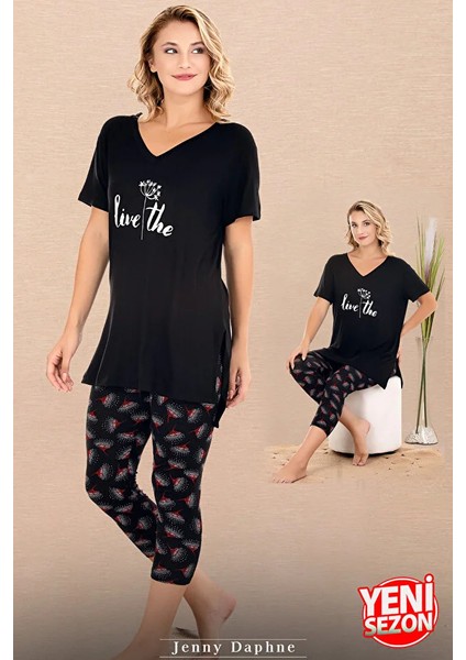 Lady Çiçek Desenli V Yakalı Kapri Pijama Takımı