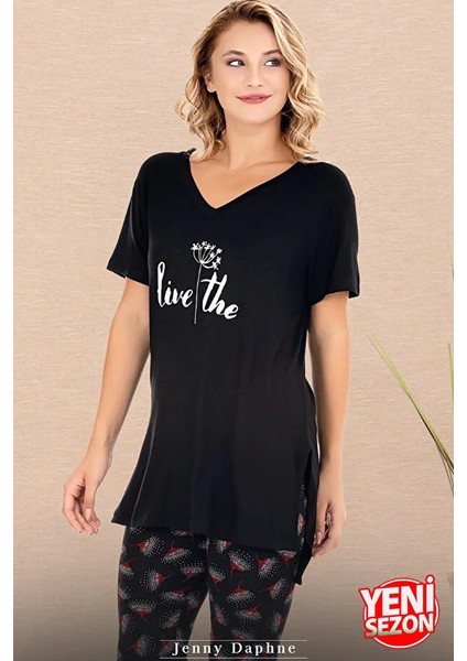 Lady Çiçek Desenli V Yakalı Kapri Pijama Takımı modelleri