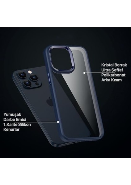 15 Pro Max Için Serisi Arkası Şeffaf Polikarbonat Kenarları Silikon Kamera Lens Çerçevesi ve Tuşları Metal Yüksek Kalite Şeffaf Silikon Kılıf (Mavi, Klasik) modelleri