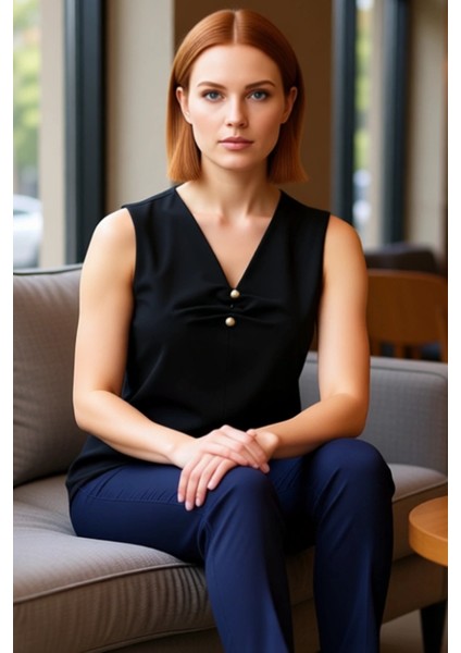 Kadınlar Için Şık V Yaka Kolsuz Bluz Inci Detaylı Zarif Tasarım Kaliteli Şık Rahat Modern Zarif