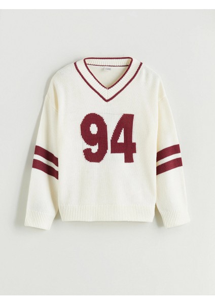 Lcw Kids Ekru V Yaka Kız Çocuk Triko Kazak