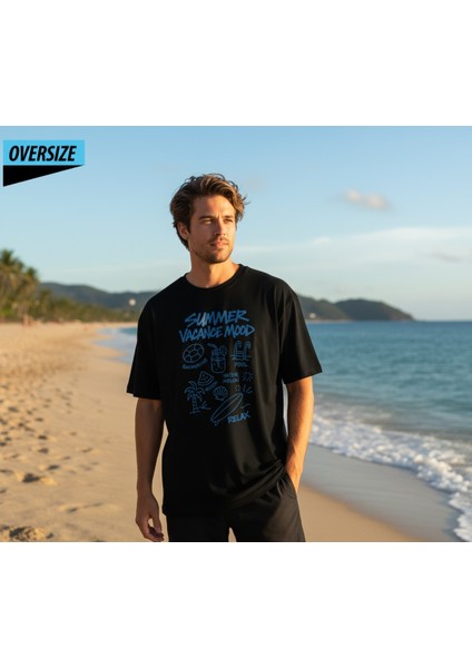Summer Vacance Mood Oversize Unisex T-Shirt %100 Pamuklu Siyah