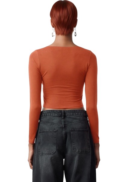 Moda Kruvaze Örme Slim Düz Desen Casual Günlük Crop Uzun Kol Bluz fiyatları