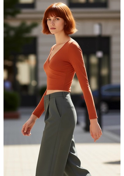 Moda Kruvaze Örme Slim Düz Desen Casual Günlük Crop Uzun Kol Bluz modelleri