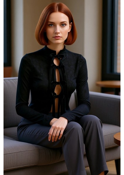 Kadın Jakarlı Uzun Kollu Hakim Yaka Bağcıklı Bluz Kaliteli Şık Rahat Modern Zarif Günlük