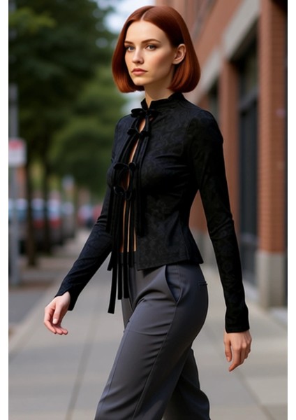 Kadın Jakarlı Uzun Kollu Hakim Yaka Bağcıklı Bluz Kaliteli Şık Rahat Modern Zarif Günlük fırsatları