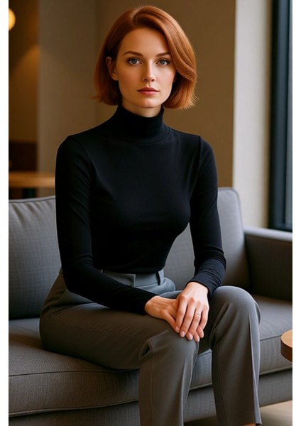 Kadın Moda Şık Regular Balıkçı Yaka Slim Kalıp Örme Yumuşak Kumaşlı Fitted Vücuda Oturan Esnek Bluz