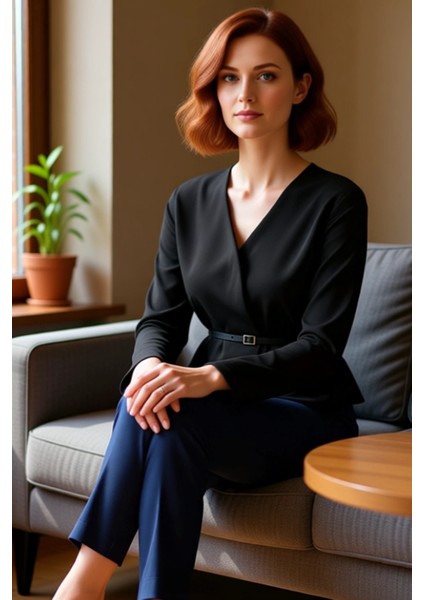 Kadın Uzun Kollu Kruvaze V Yaka Örme Üst Kaliteli Şık Rahat Modern Zarif Günlük