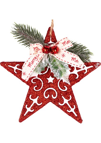 Yılbaşı Süsü, Yıldız, Yılbaşı Dekorlu, Simli, Kırmızı - 10x13 cm