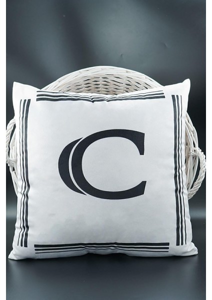 Harfli Kırlent Kılıfı Kadife 43X43 cm Çift Taraflı C Harfi Kedi Desenli Evlilik Teklifi Doğum Günü