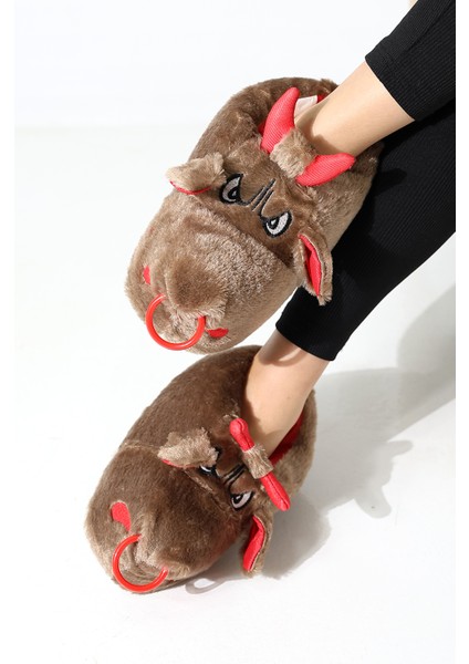 Hayvanlı B20 Boğa Modelli Kışlık Kadın Erkek Panduf Ev Içi Sessiz Taban Panduf modelleri