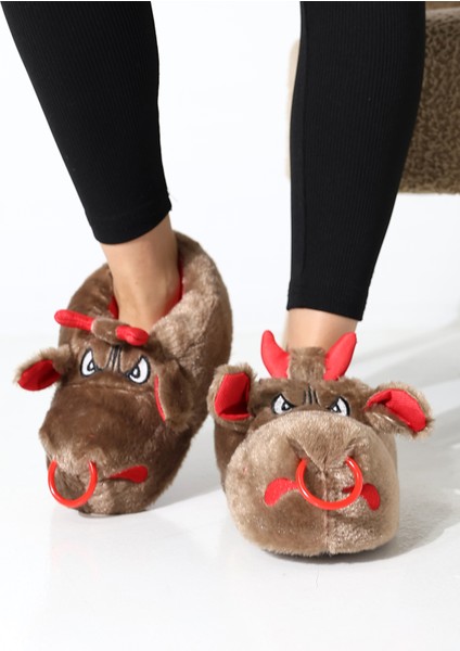 Hayvanlı B20 Boğa Modelli Kışlık Kadın Erkek Panduf Ev Içi Sessiz Taban Panduf