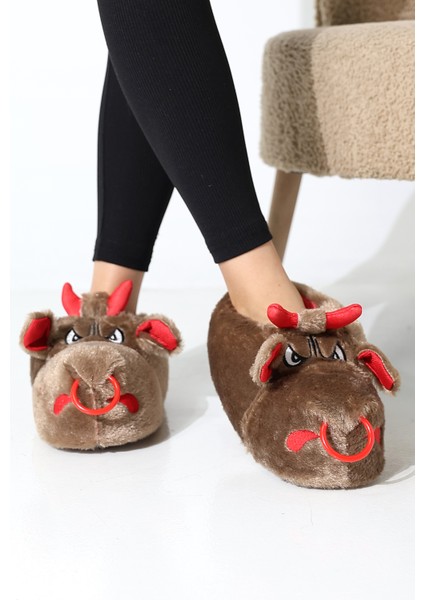 Hayvanlı B20 Boğa Modelli Kışlık Kadın Erkek Panduf Ev Içi Sessiz Taban Panduf