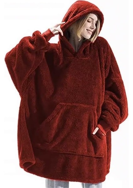 Kapşonlu Giyilebilir Tv Battaniyesi Over Size 80 x 110 Bordo