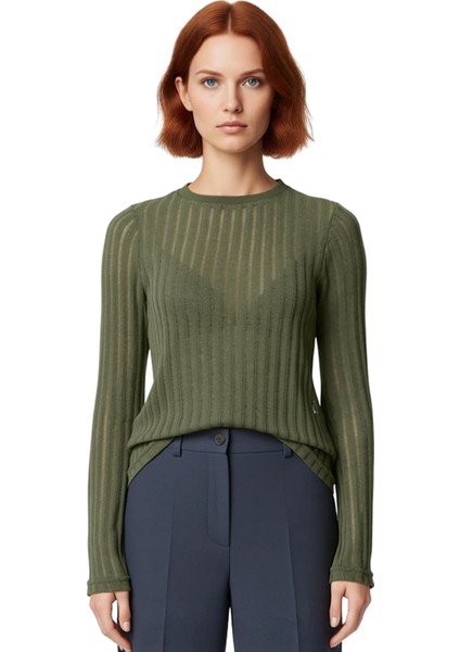 Kadın Moda Şık Regular Bisiklet Yaka Regular Kalıp Örme Transparan Triko Görünümlü Kumaş Boy Bluz fiyatları