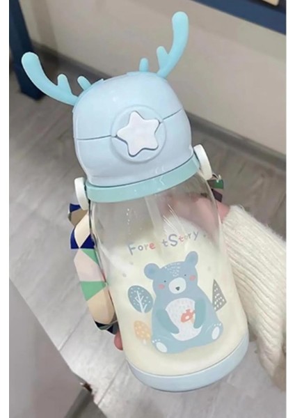 Geyikli Çocuk Suluğu, Su Matarası Bpa Içermez Okul Suluğu, Taşıma Pipetli Kayışlı Damlatmaz 500 ml Suluk (Mavi)