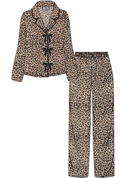 Kadın Yumuşak Dokulu Leopar Desenli Fiyonklu Uzun Kollu Gömlek Yaka Pijama Takımı fiyatları