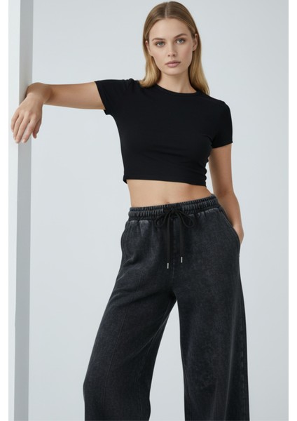 Kadın Antrasit Bol Paça Yüksek Bel Lastikli Geniş Paça Jogger Pantolon-Eşofman Altı