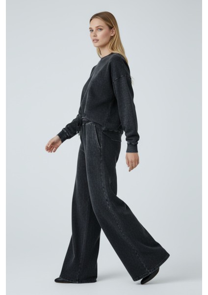 Kadın Antrasit Bol Paça Yüksek Bel Lastikli Geniş Paça Jogger Pantolon-Eşofman Altı fiyatları