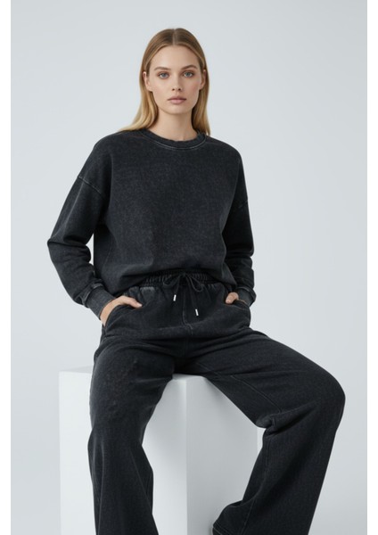 Kadın Antrasit Bol Paça Yüksek Bel Lastikli Geniş Paça Jogger Pantolon-Eşofman Altı modelleri