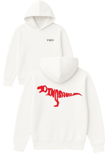 Dınosaur Tasarım Baskılı Oversize Beyaz Kapüşonlu Sweatshirt