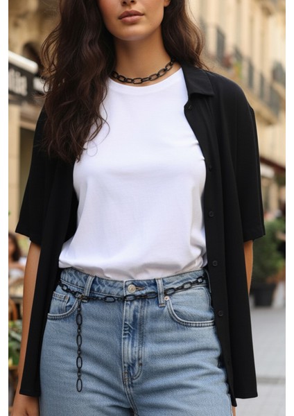 Pınkmark Kadın Siyah Alüminyum Özel Desenli Hafif Zincir Kemer PMKM25685 indirimleri