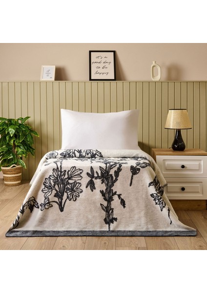 Soft Davi Pamuklu Tek Kişilik Battaniye - Ekru / Antrasit - 150X200 cm