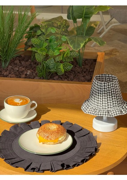 Siyah Pötikare Desen Kumaş Beyaz Ayaklı Kablosuz Pilli Gece Masa Lambası