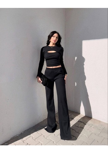Pencere Detay Bluz Bol Paça Yırtmaçlı Pantlon Takım