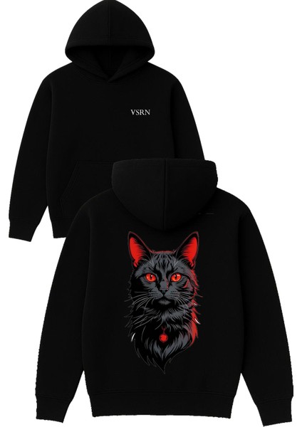 Kırmızı Siyah Kedi Tasarım Baskılı Oversize Siyah Kapüşonlu Sweatshirt
