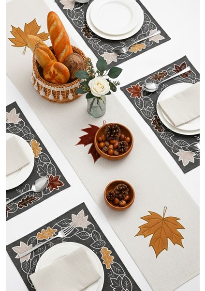 Kadife Nakışlı Kalın Keten Runner ve 6'lı Amerikan Servis Takımı | Lüks Sofra Takımı 35X180 RUNNER+30X45 Servis