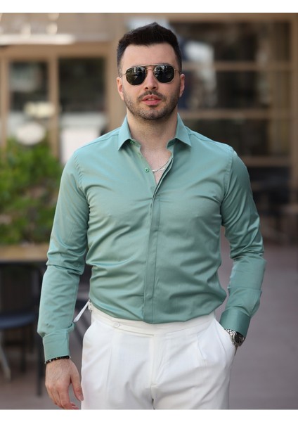 Süper Slim Fit (Dar Kalıp ) Gizli Düğmeli Pamuk Saten Gömlek