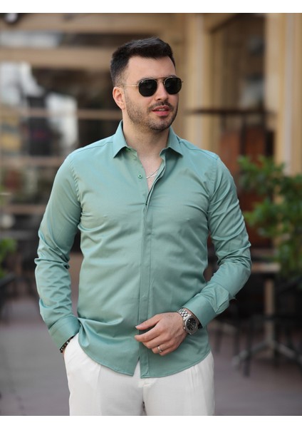 Süper Slim Fit (Dar Kalıp ) Gizli Düğmeli Pamuk Saten Gömlek modelleri