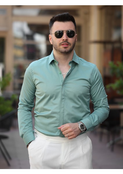 Süper Slim Fit (Dar Kalıp ) Gizli Düğmeli Pamuk Saten Gömlek fırsatları
