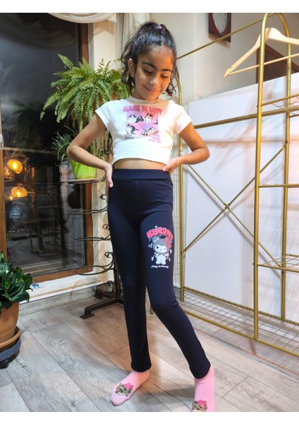 Kız Çocuk Tayt Kışlık Şardonlu Pamuklu Beli Lastikli Kuromi Lacivert