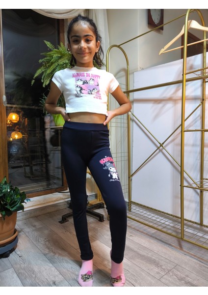 Kız Çocuk Tayt Kışlık Şardonlu Pamuklu Beli Lastikli Kuromi Lacivert